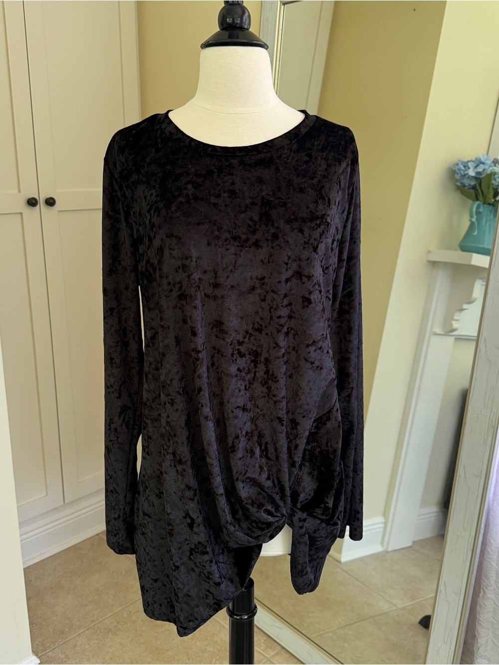BELLAMIE Black Crushed Velvet Twist Hem Long Sleeve Tunic Top